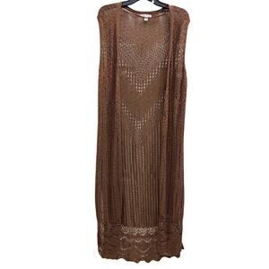 Chocolate brown open knit maxi sleeveless duster cardigan boho plus sz 18-20